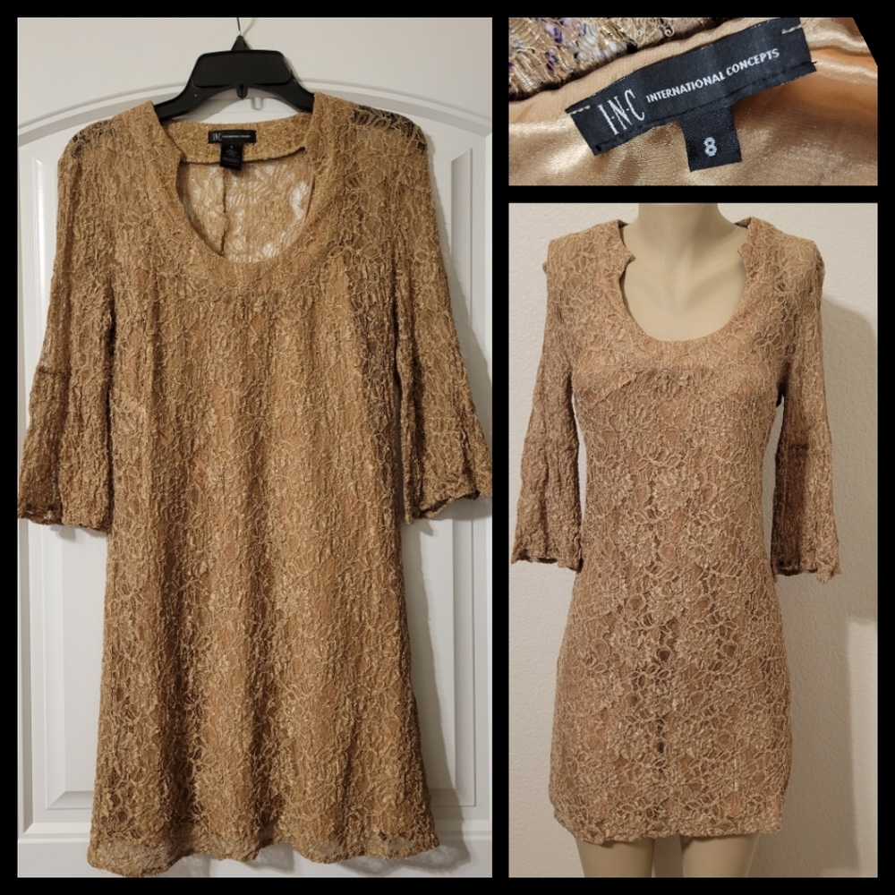 Tan lace sheath stretch lined dress 8